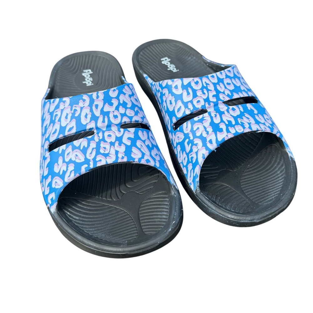 Floopi Leopard Print Slide Sandals Womens Size 10 Blue Black Excellent Casual